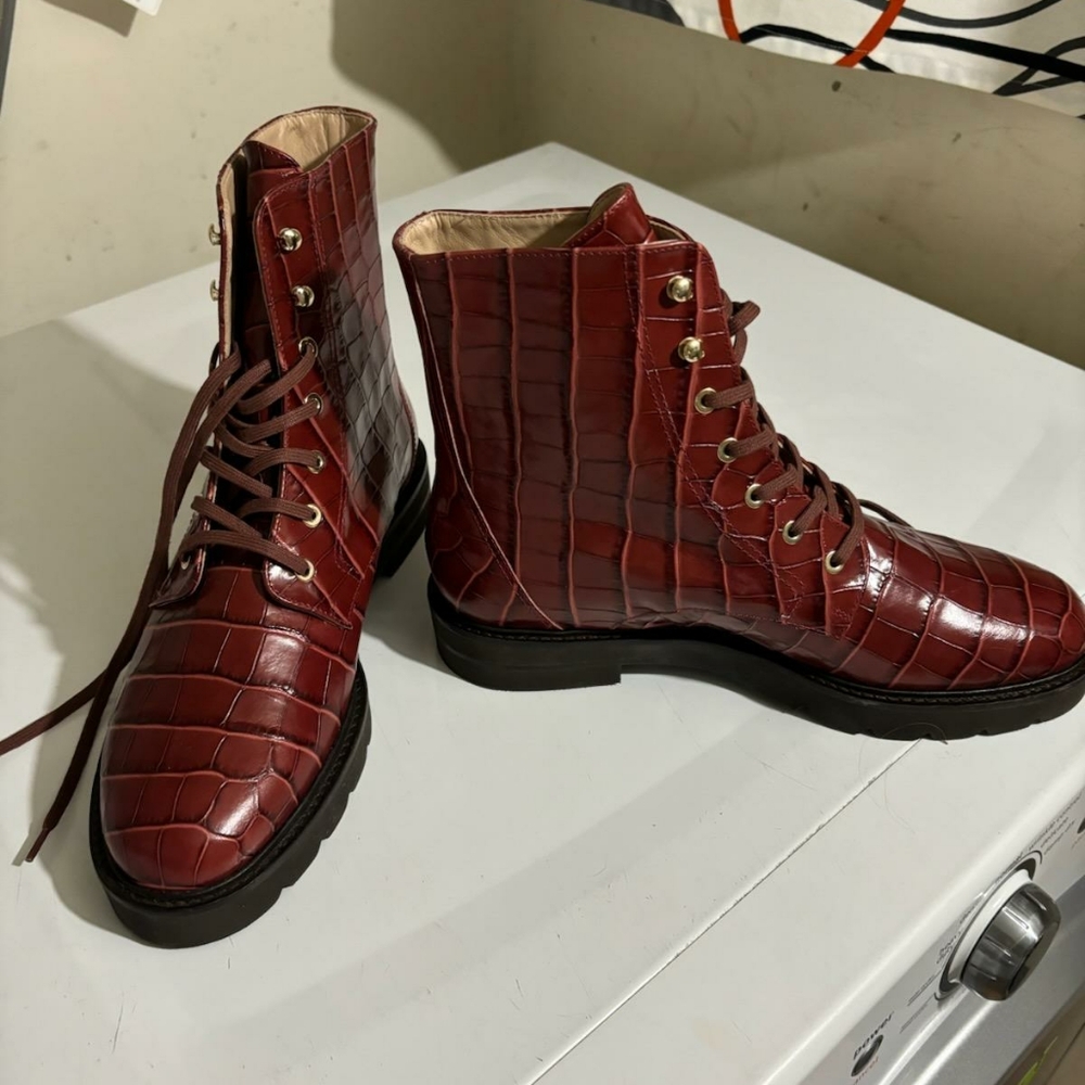 Stuart Weitzman embossed brown lace up boots